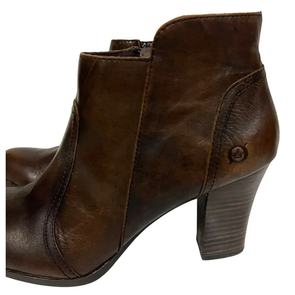 Born Brown Leather Boots Booties Block Heel Ankle‎ Claire Womens Size 9.5 M